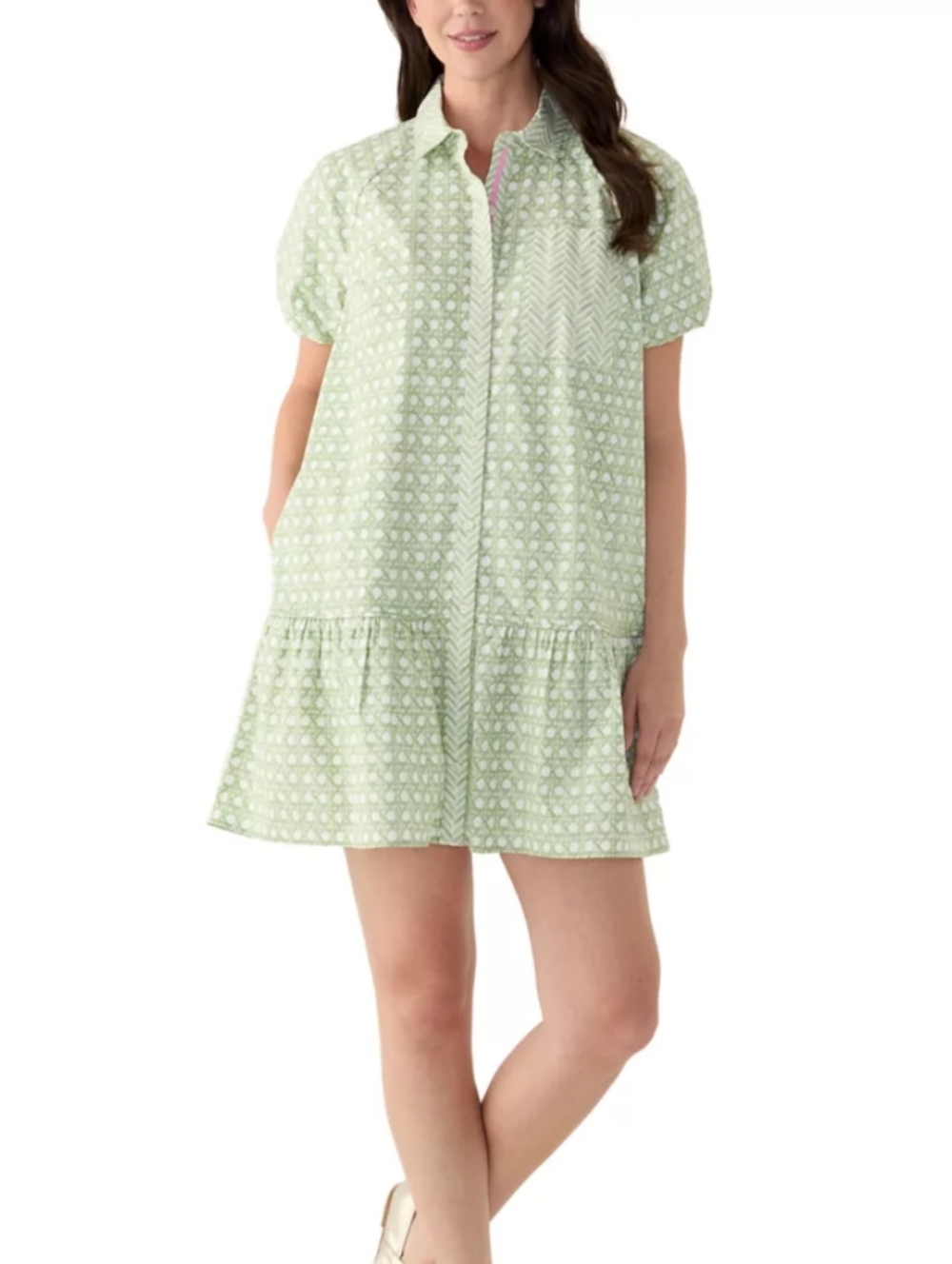crown & ivy Sage Green Printed Shirt Dress with Ruffle